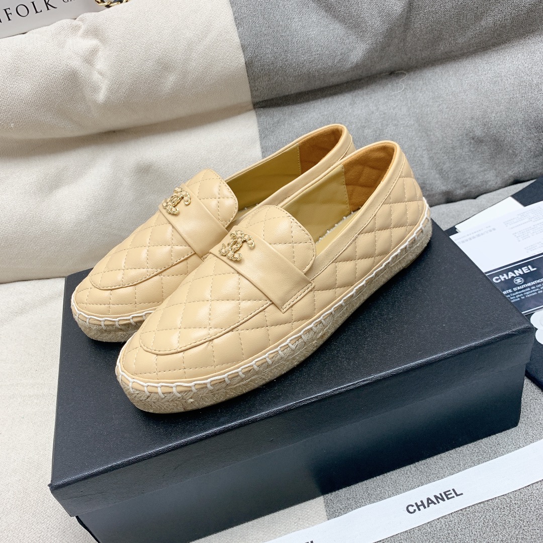 Bagsaaa Ch**el Espadrilles Shoes Quilted Leather Beige