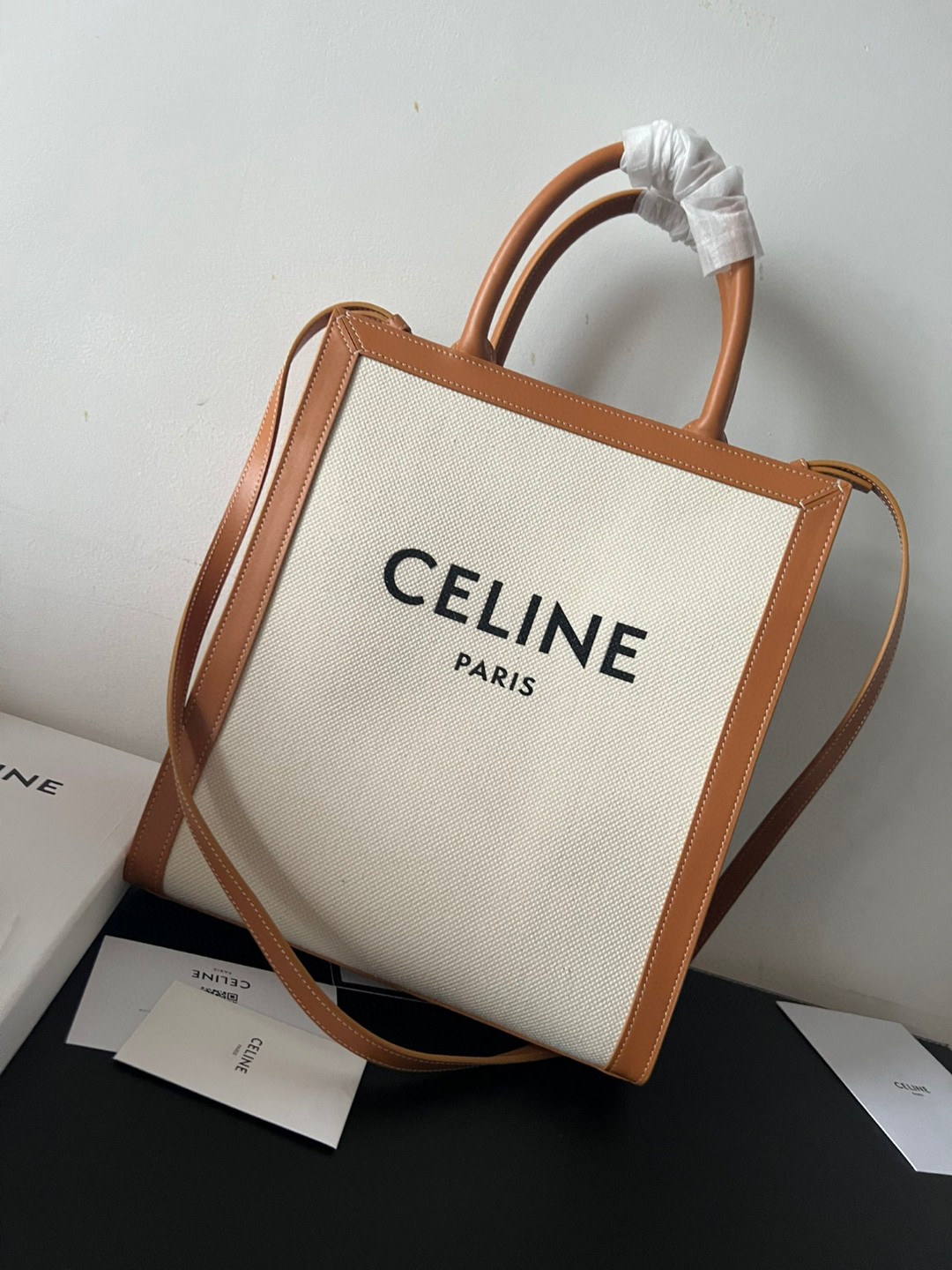 Bagsaaa Ce1i*e Natural Canvas & Tan Calfskin Vertical Cabas - 28.5cm*33*8cm