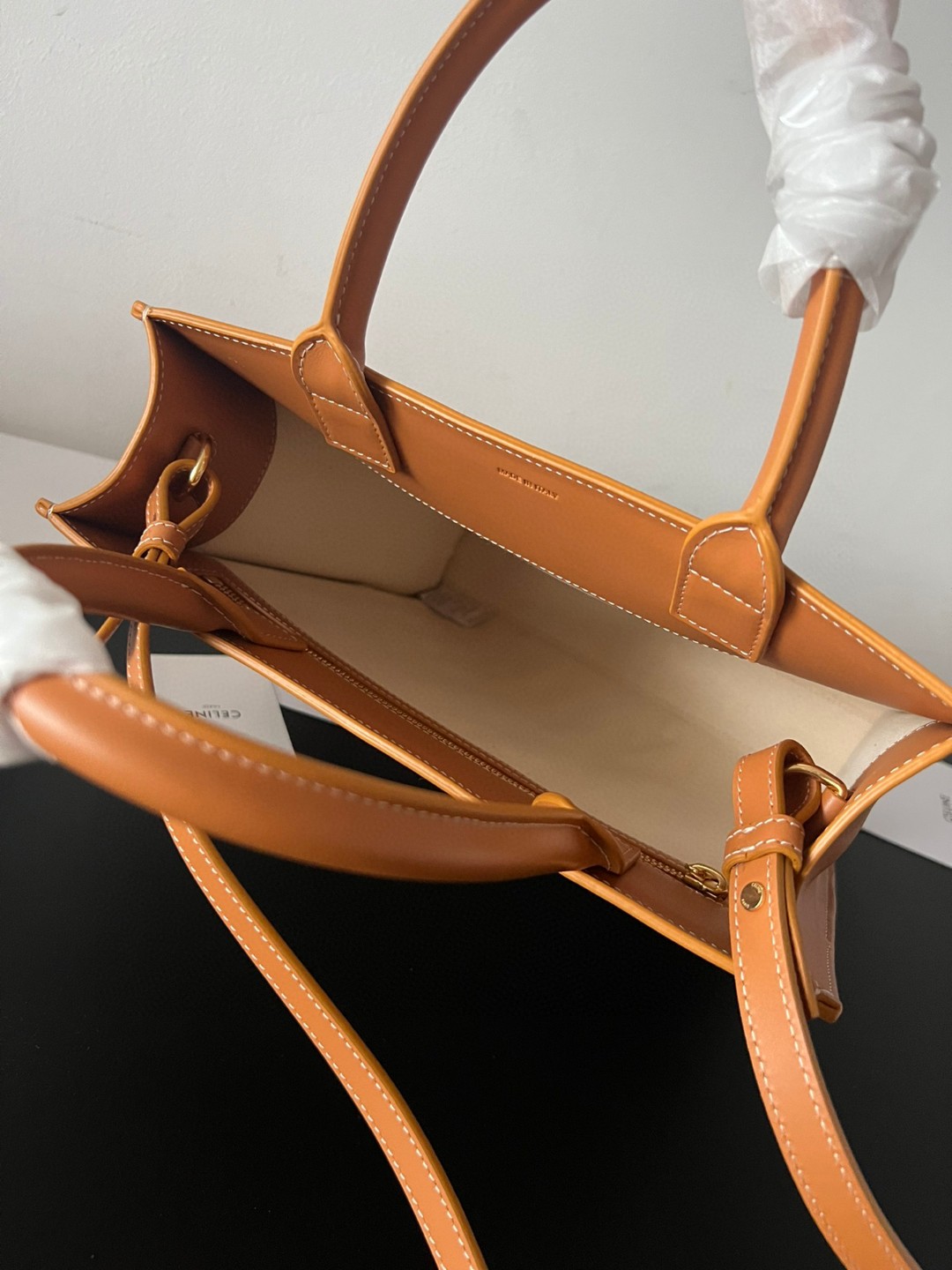 Bagsaaa Ce1i*e Natural Canvas & Tan Calfskin Vertical Cabas - 28.5cm*33*8cm
