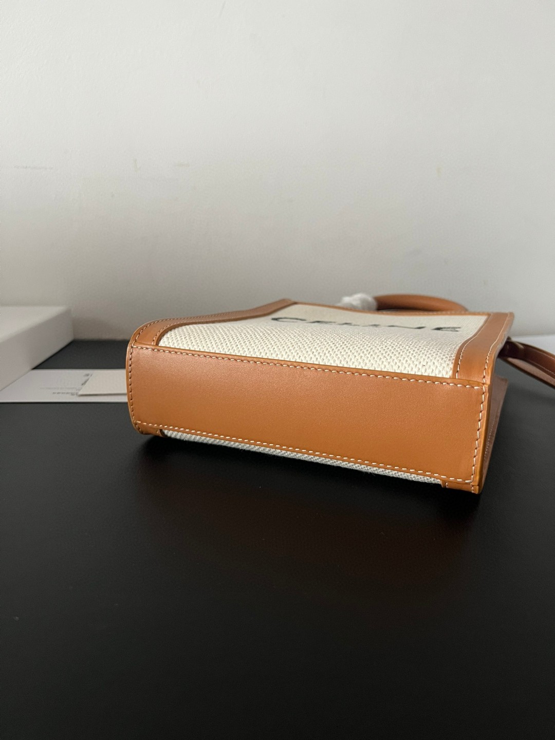 Bagsaaa Ce1i*e Natural Canvas & Tan Calfskin Vertical Cabas - 17cm*21*4cm