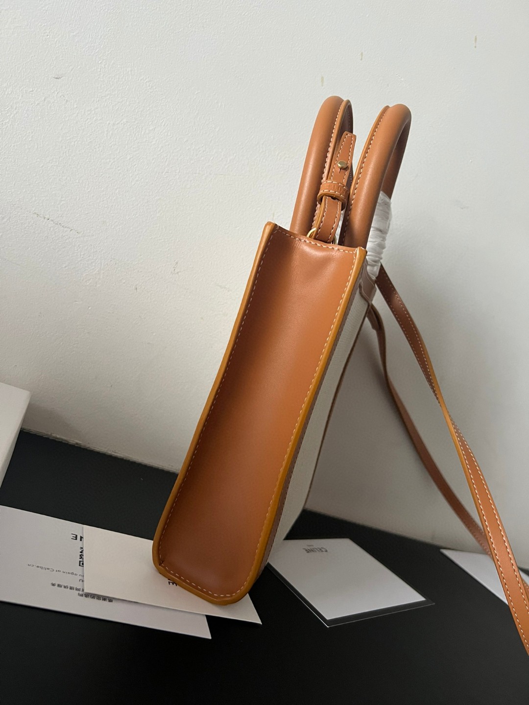 Bagsaaa Ce1i*e Natural Canvas & Tan Calfskin Vertical Cabas - 17cm*21*4cm