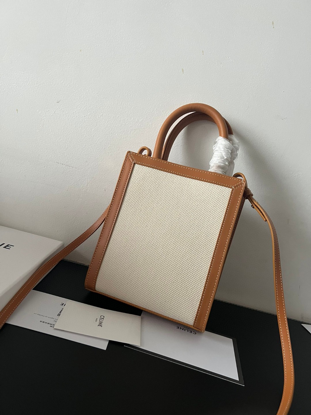 Bagsaaa Ce1i*e Natural Canvas & Tan Calfskin Vertical Cabas - 17cm*21*4cm