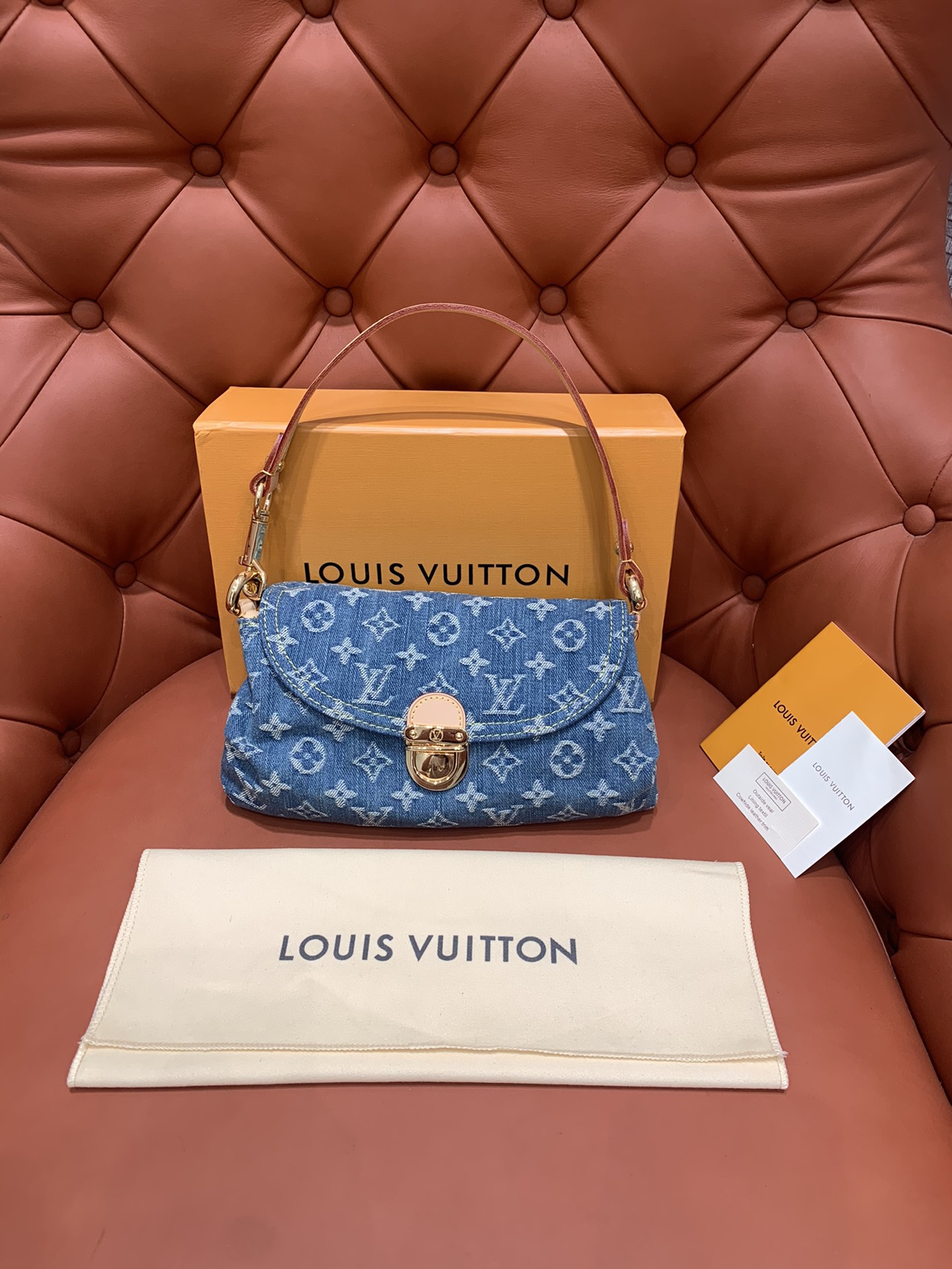 Bagsaaa L0vis Vvtt0n Monogram Denim Mini Pleaty Bag in Blue - 25x15x9cm 