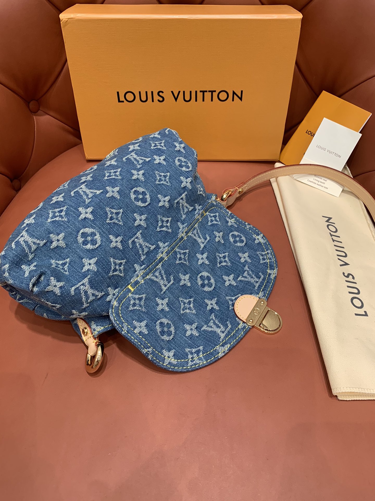 Bagsaaa L0vis Vvtt0n Monogram Denim Mini Pleaty Bag in Blue - 25x15x9cm