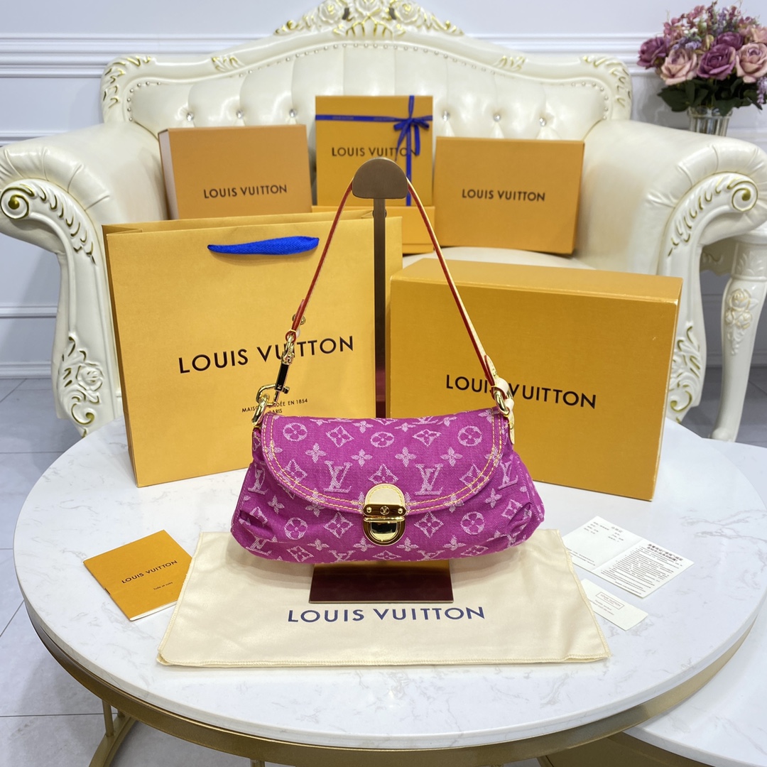 Bagsaaa L0vis Vvtt0n Monogram Denim Mini Pleaty Bag in Pink - 25x15x9cm