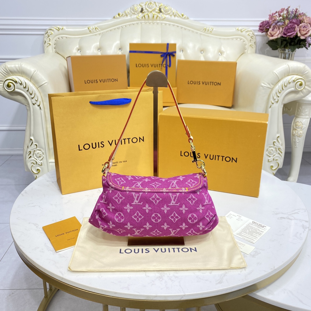 Bagsaaa L0vis Vvtt0n Monogram Denim Mini Pleaty Bag in Pink - 25x15x9cm