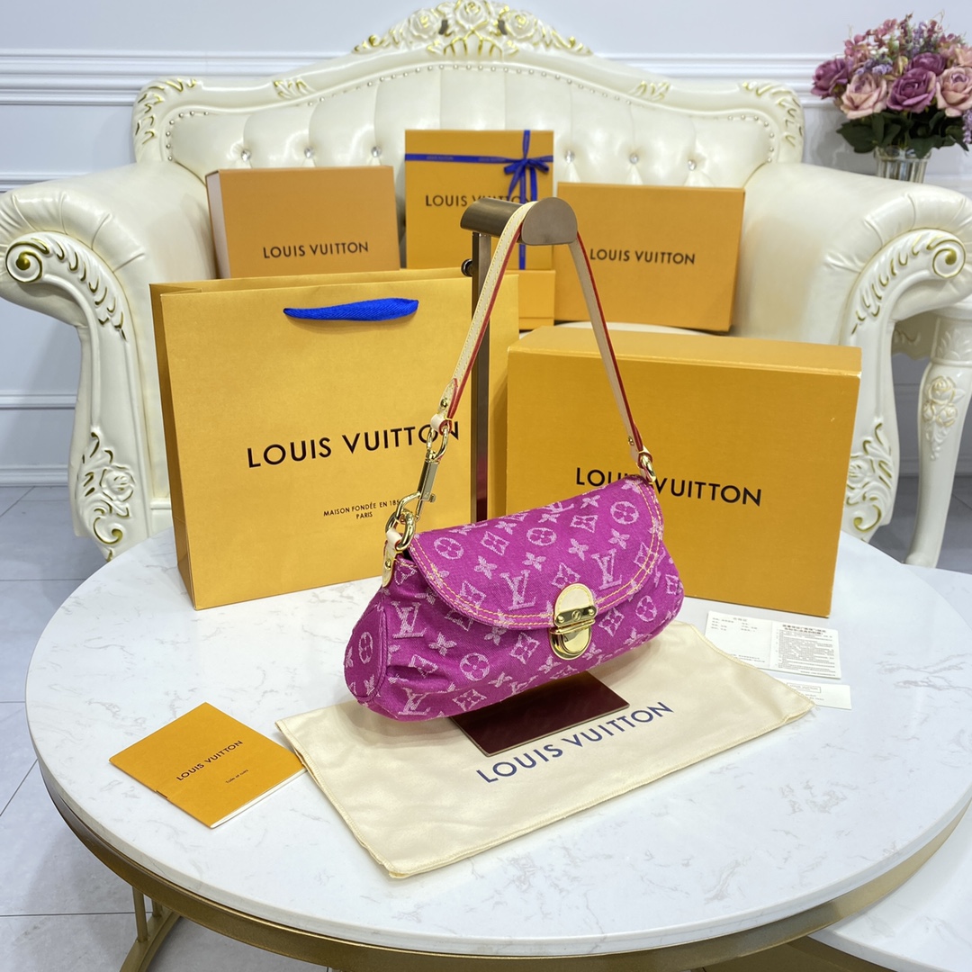 Bagsaaa L0vis Vvtt0n Monogram Denim Mini Pleaty Bag in Pink - 25x15x9cm