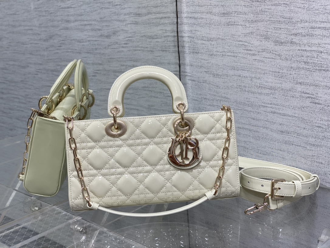 Bagsaaa D10r Lady D-Joy Medium Patent White Leather Bag - 26*6*14cm