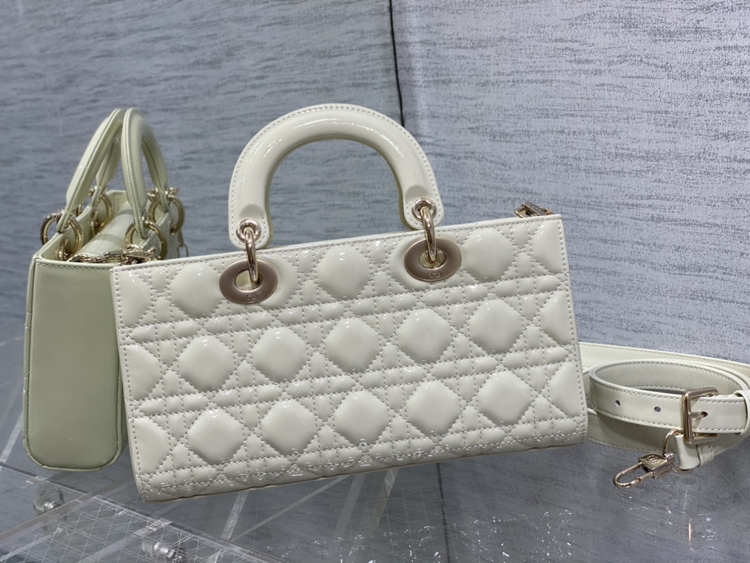 Bagsaaa D10r Lady D-Joy Medium Patent White Leather Bag - 26*6*14cm