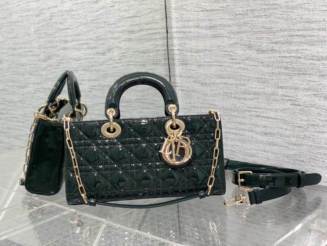 Bagsaaa D10r Lady D-Joy Medium Patent Dark Green Leather Bag - 26*6*14cm