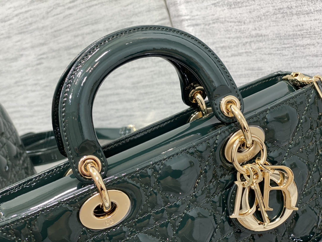 Bagsaaa D10r Lady D-Joy Medium Patent Dark Green Leather Bag - 26*6*14cm
