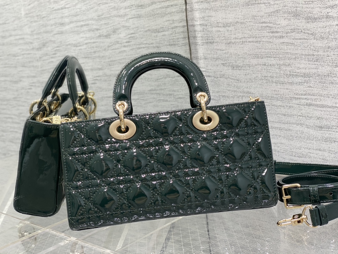 Bagsaaa D10r Lady D-Joy Medium Patent Dark Green Leather Bag - 26*6*14cm
