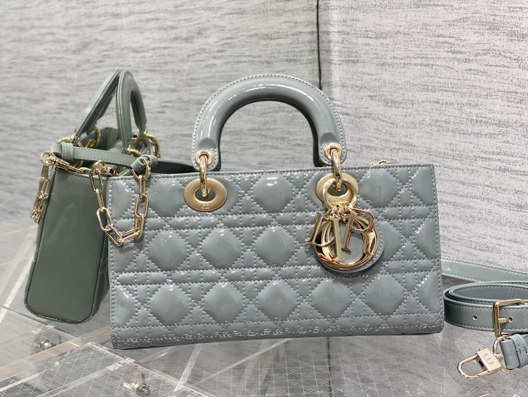 Bagsaaa D10r Lady D-Joy Medium Patent Gray Leather Bag - 26*6*14cm