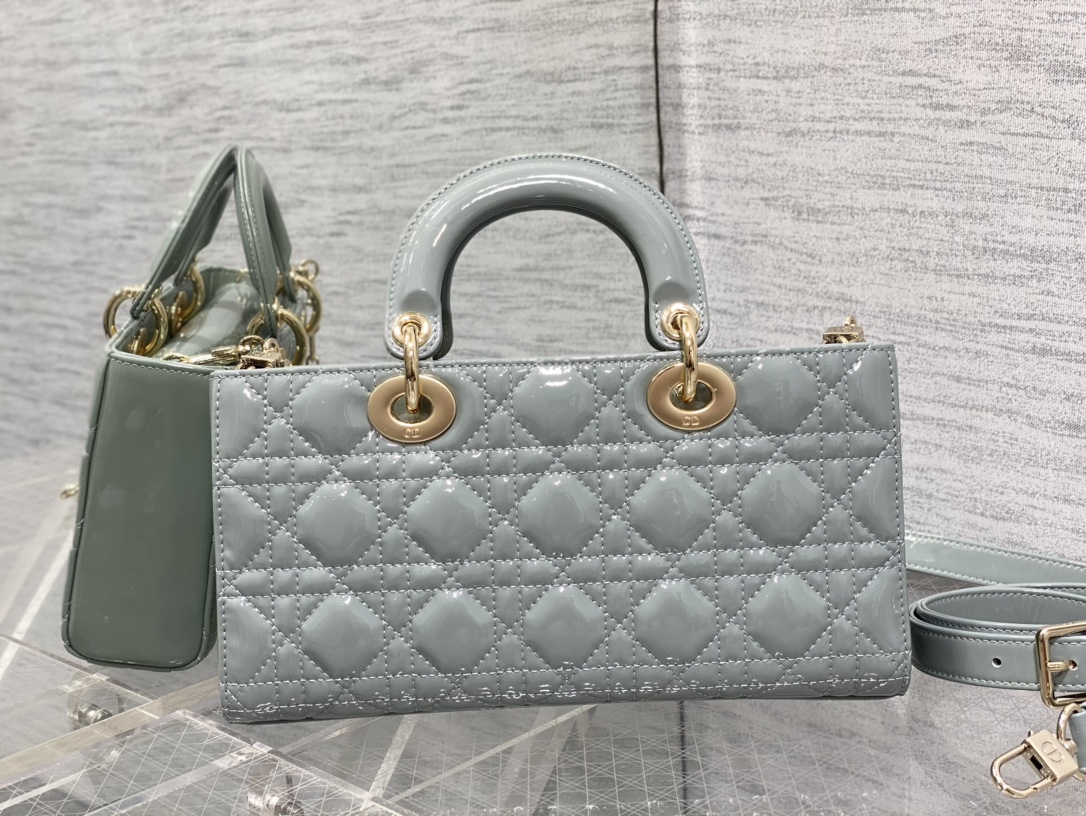 Bagsaaa D10r Lady D-Joy Medium Patent Gray Leather Bag - 26*6*14cm