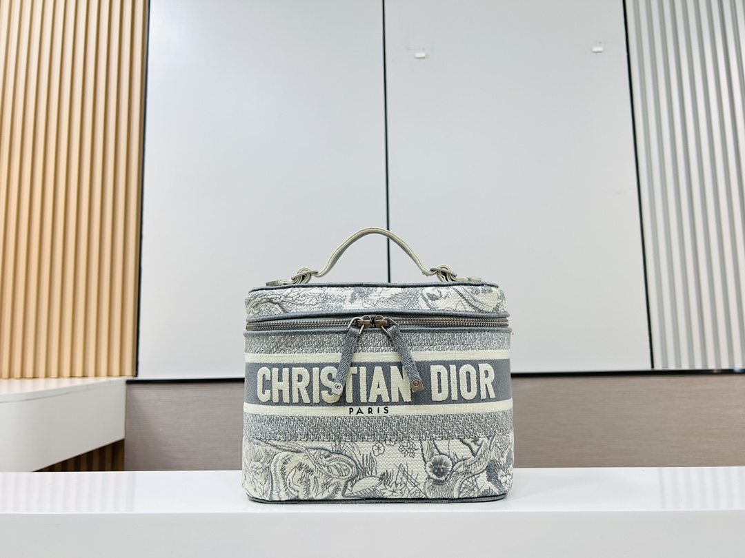 Bagsaaa D10r Vanity Ecru and Gray Toile de Jouy Embroider - 23.5×14×18.5cm