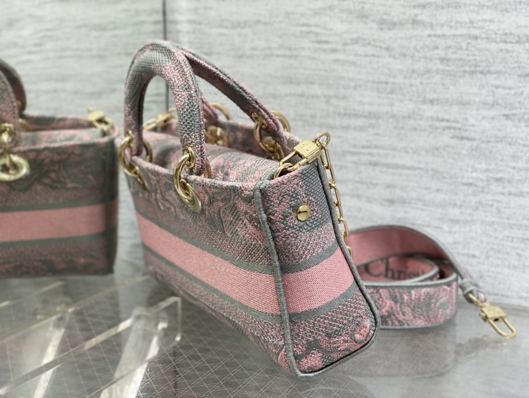 Bagsaaa D10r Lady D-Joy Grey and Pink Toile de Jouy Embroidery - 26 *13.5 *5cm