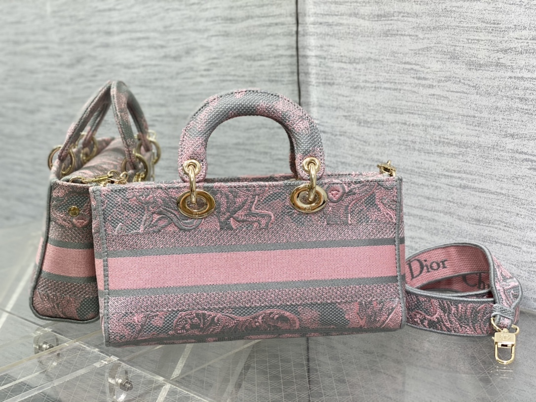 Bagsaaa D10r Lady D-Joy Grey and Pink Toile de Jouy Embroidery - 26 *13.5 *5cm