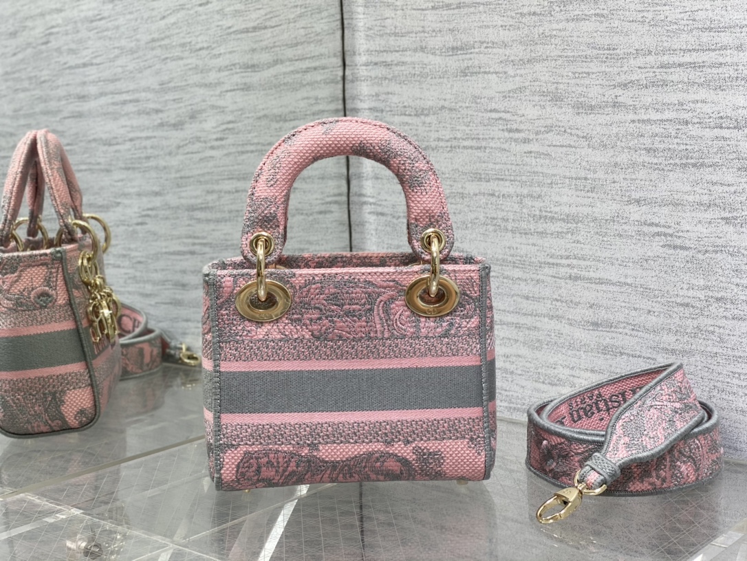 Bagsaaa D10r Lady Mini Grey and Pink Toile de Jouy Embroidery - 17cm