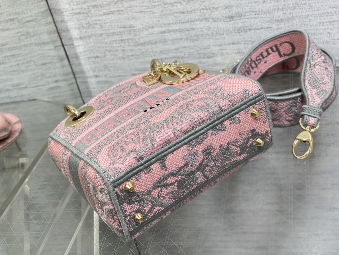 Bagsaaa D10r Lady Mini Grey and Pink Toile de Jouy Embroidery - 17cm