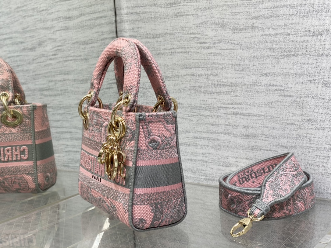 Bagsaaa D10r Lady Mini Grey and Pink Toile de Jouy Embroidery - 17cm