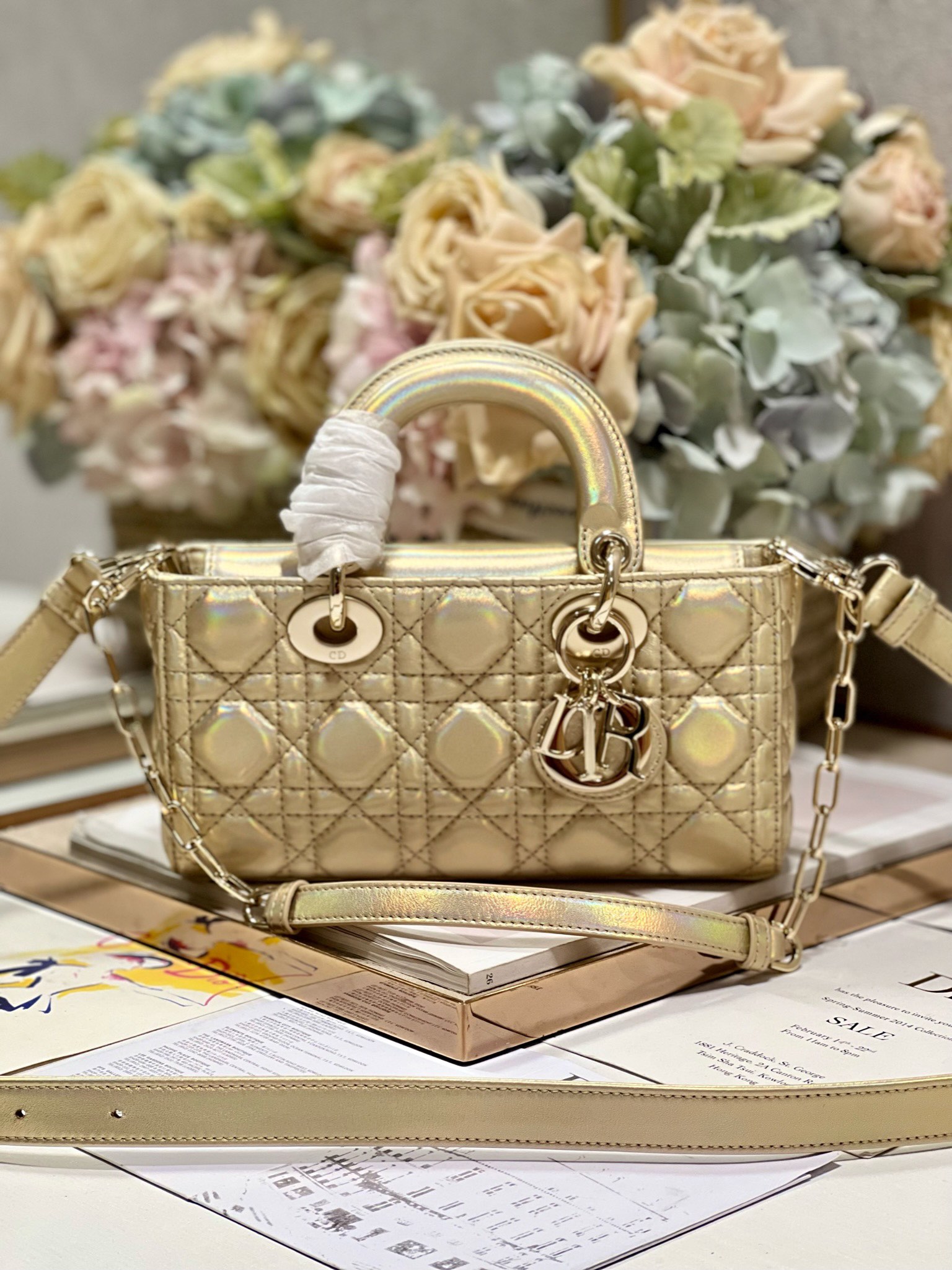 Bagsaaa D10r Lady D-Joy Gold Iridescent Metallic Cannage Lambskin - 22 x 12 x 6 cm