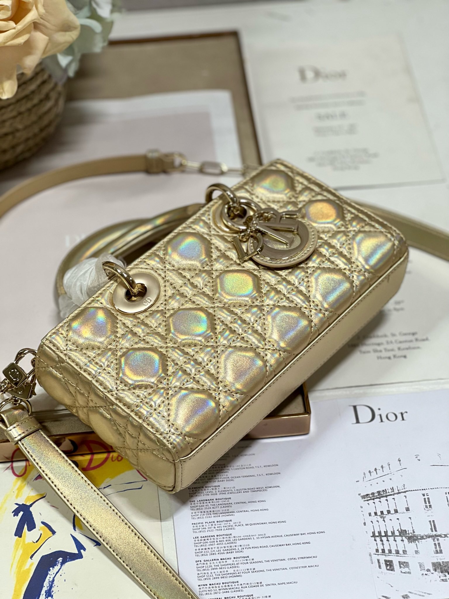 Bagsaaa D10r Lady D-Joy Gold Iridescent Metallic Cannage Lambskin - 22 x 12 x 6 cm