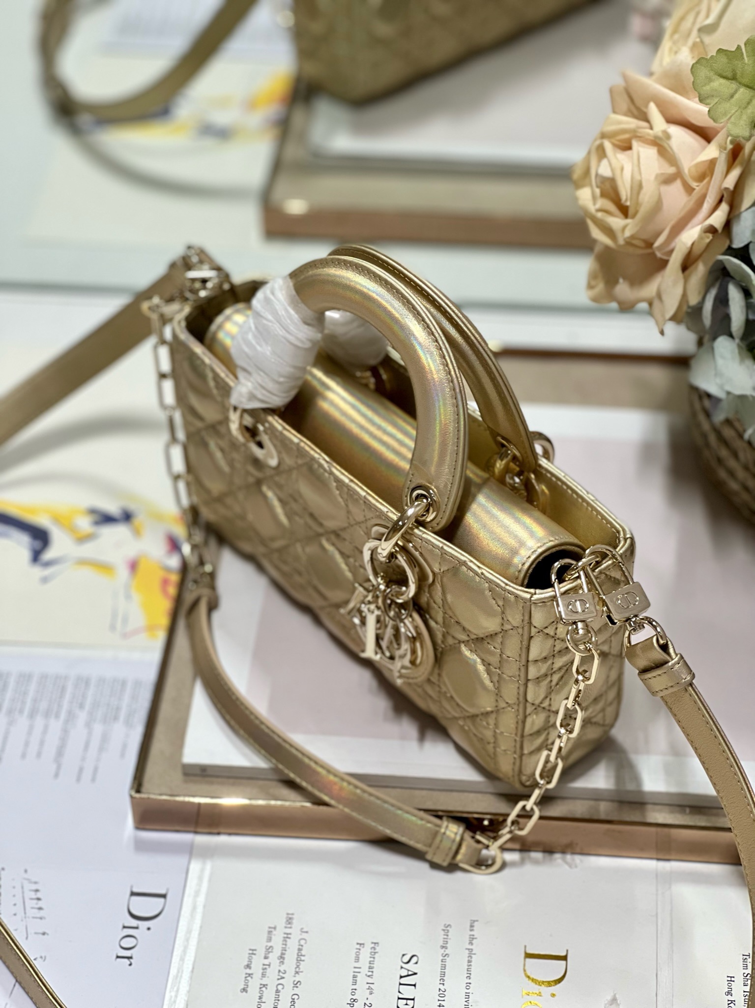 Bagsaaa D10r Lady D-Joy Gold Iridescent Metallic Cannage Lambskin - 22 x 12 x 6 cm
