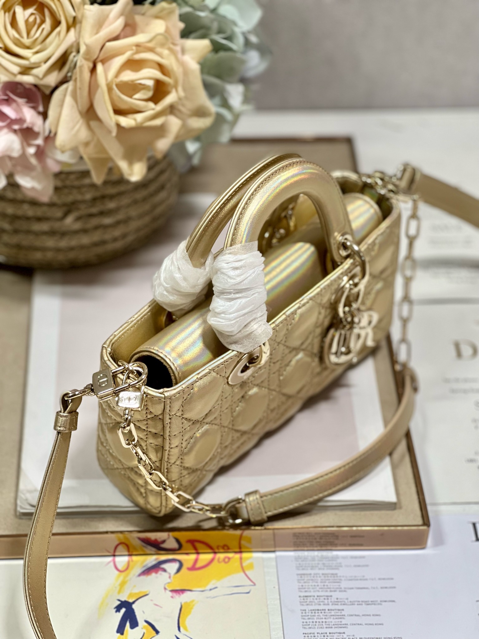 Bagsaaa D10r Lady D-Joy Gold Iridescent Metallic Cannage Lambskin - 22 x 12 x 6 cm