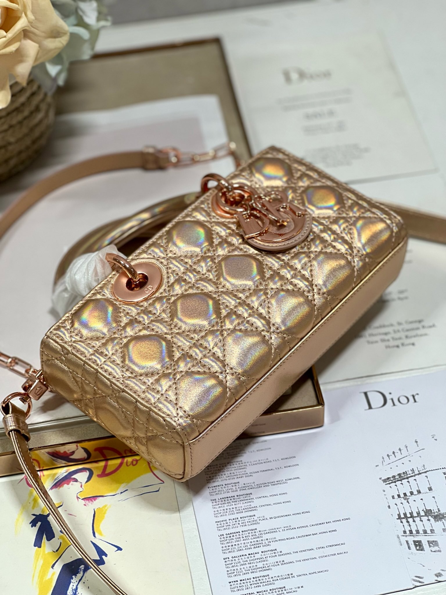 Bagsaaa D10r Lady D-Joy Gold Rose Iridescent Metallic Cannage Lambskin - 22 x 12 x 6 cm