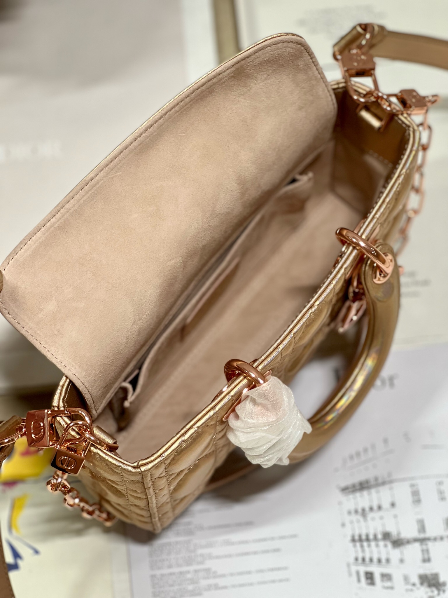 Bagsaaa D10r Lady D-Joy Gold Rose Iridescent Metallic Cannage Lambskin - 22 x 12 x 6 cm