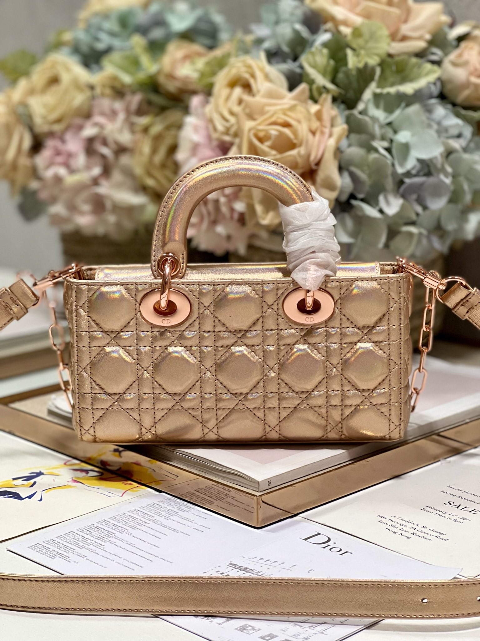 Bagsaaa D10r Lady D-Joy Gold Rose Iridescent Metallic Cannage Lambskin - 22 x 12 x 6 cm
