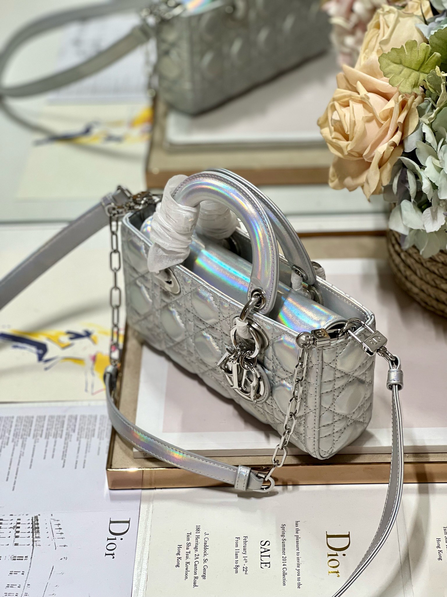 Bagsaaa D10r Lady D-Joy Silver Iridescent Metallic Cannage Lambskin - 22 x 12 x 6 cm