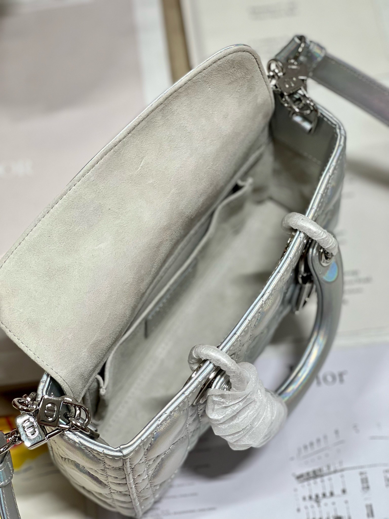 Bagsaaa D10r Lady D-Joy Silver Iridescent Metallic Cannage Lambskin - 22 x 12 x 6 cm