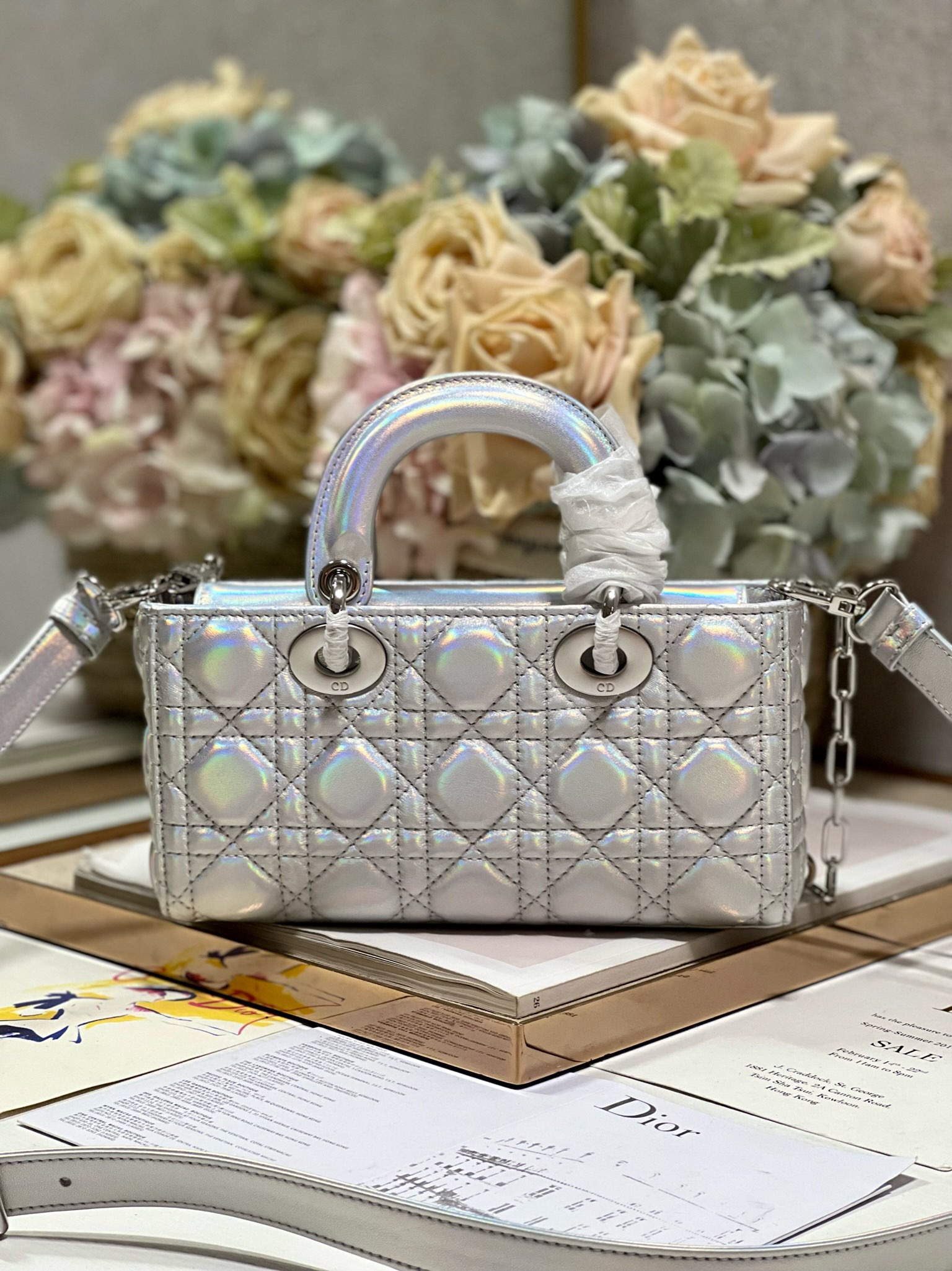 Bagsaaa D10r Lady D-Joy Silver Iridescent Metallic Cannage Lambskin - 22 x 12 x 6 cm
