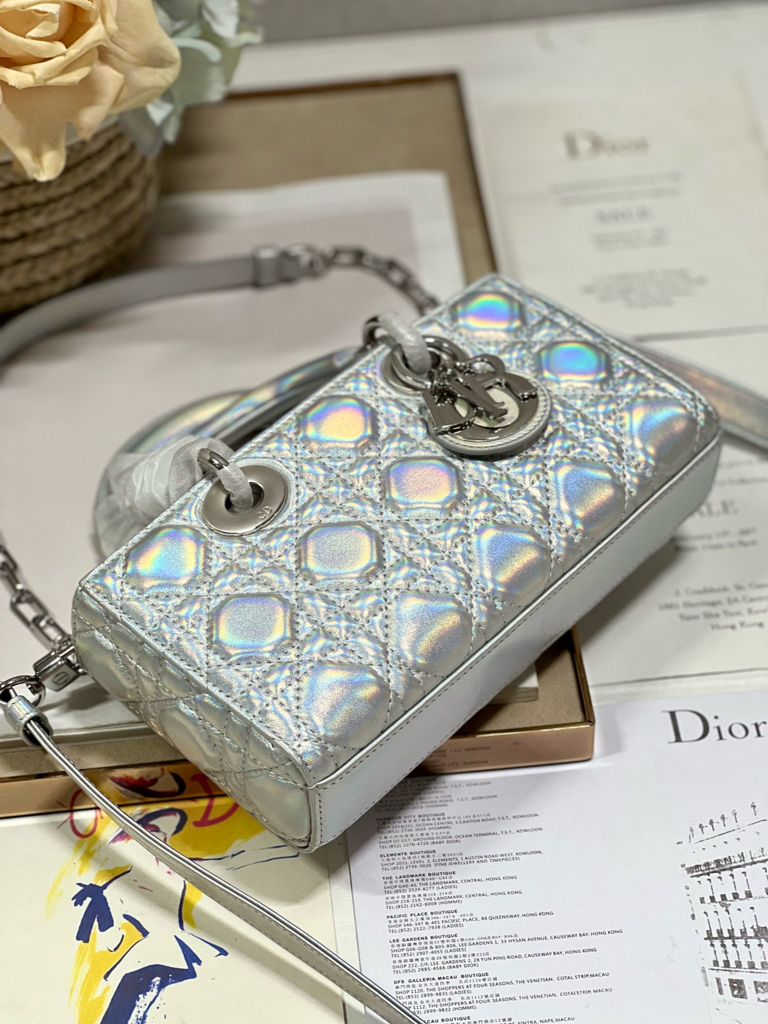 Bagsaaa D10r Lady D-Joy Silver Iridescent Metallic Cannage Lambskin - 22 x 12 x 6 cm