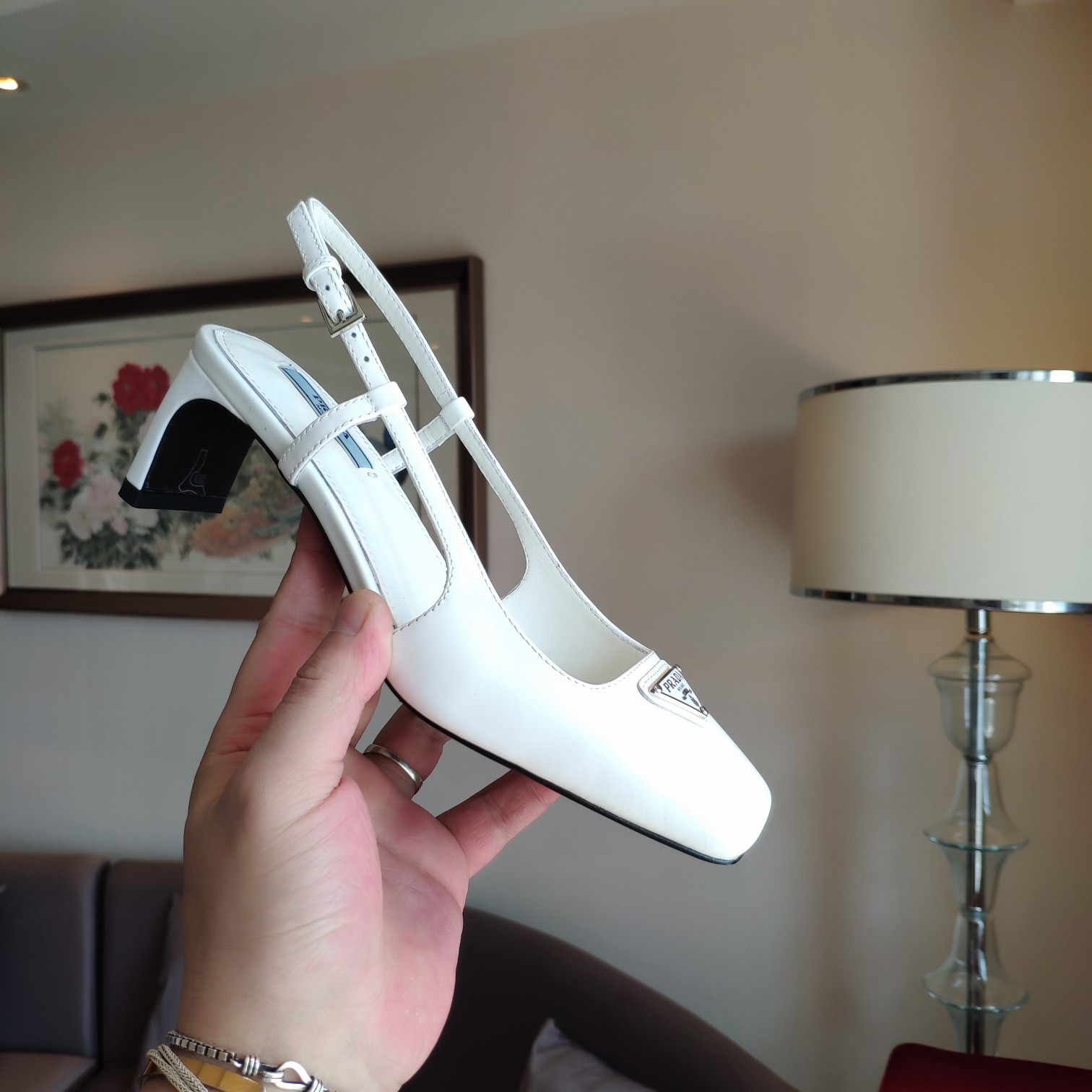 Bagsaaa Pra*a 55 Logo-embellished Leather Slingback Pumps In White