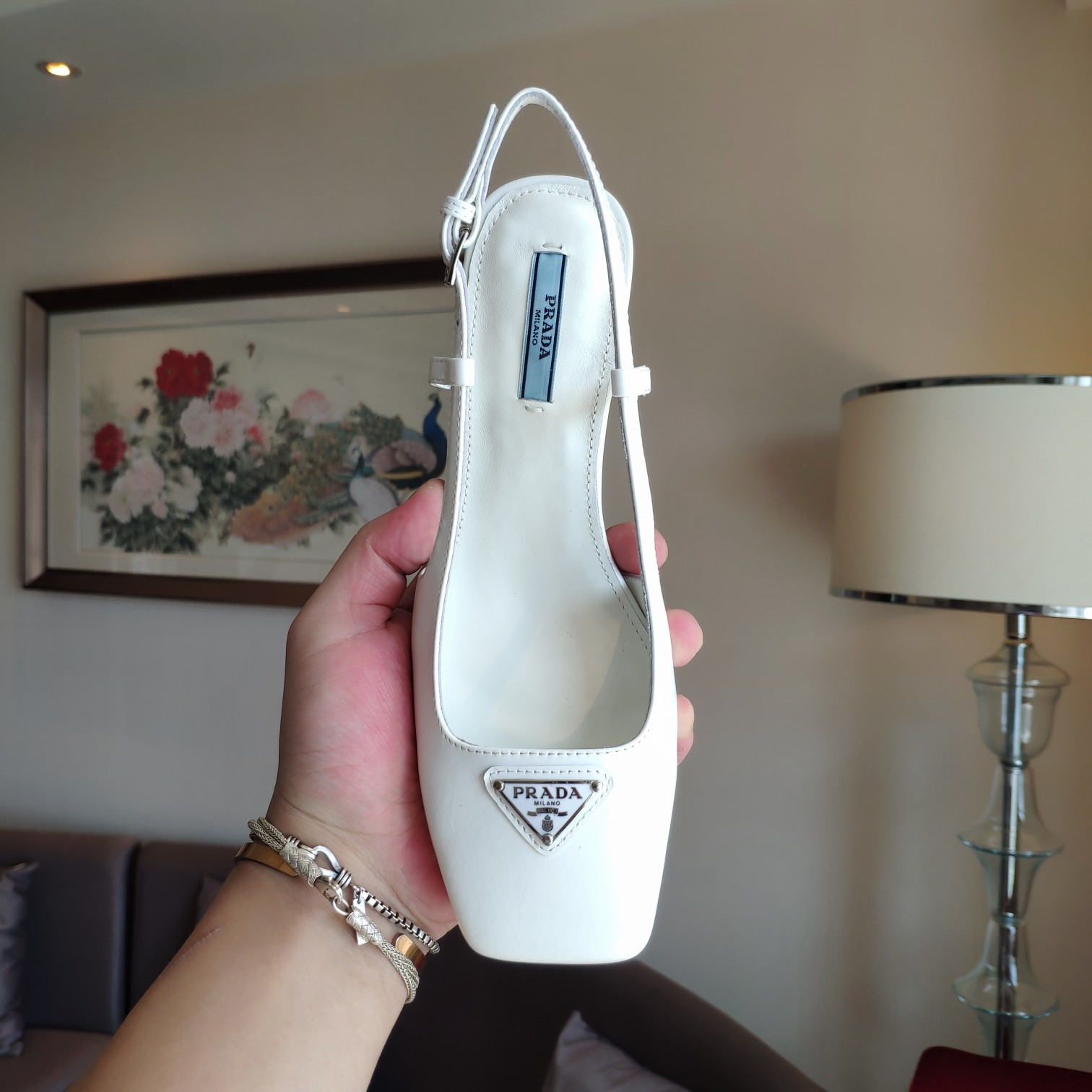 Bagsaaa Pra*a 55 Logo-embellished Leather Slingback Pumps In White