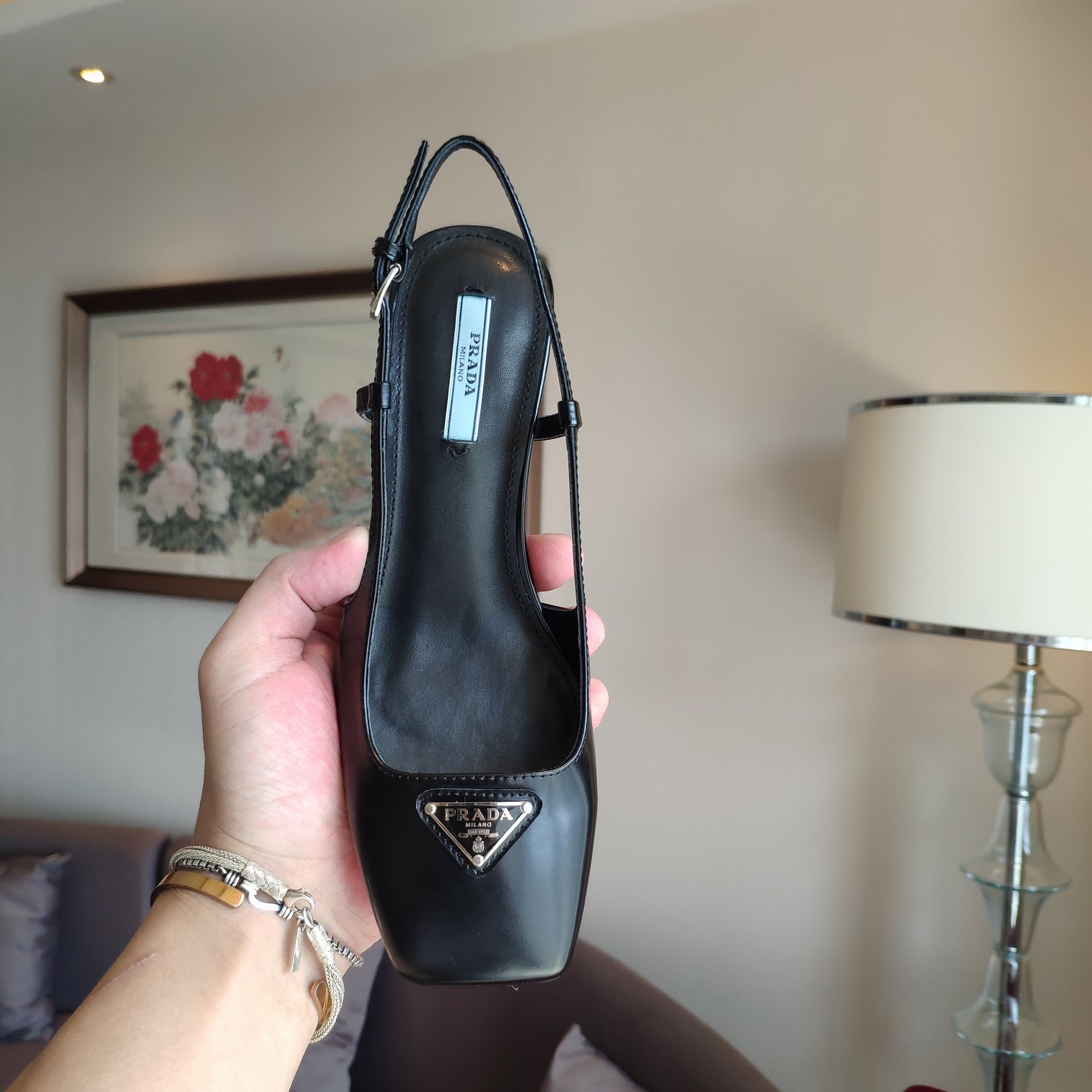 Bagsaaa Pra*a 55 Logo-embellished Leather Slingback Pumps In Black