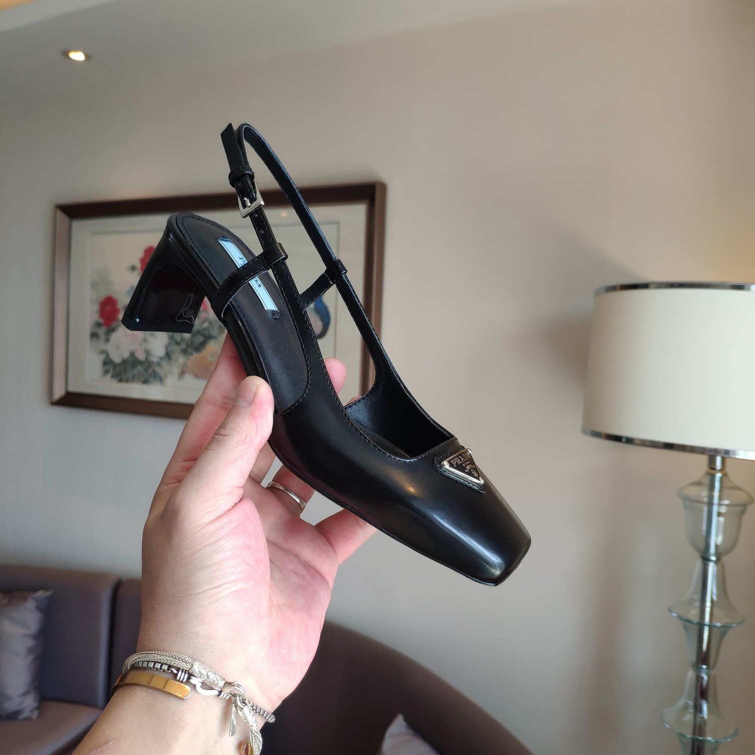 Bagsaaa Pra*a 55 Logo-embellished Leather Slingback Pumps In Black