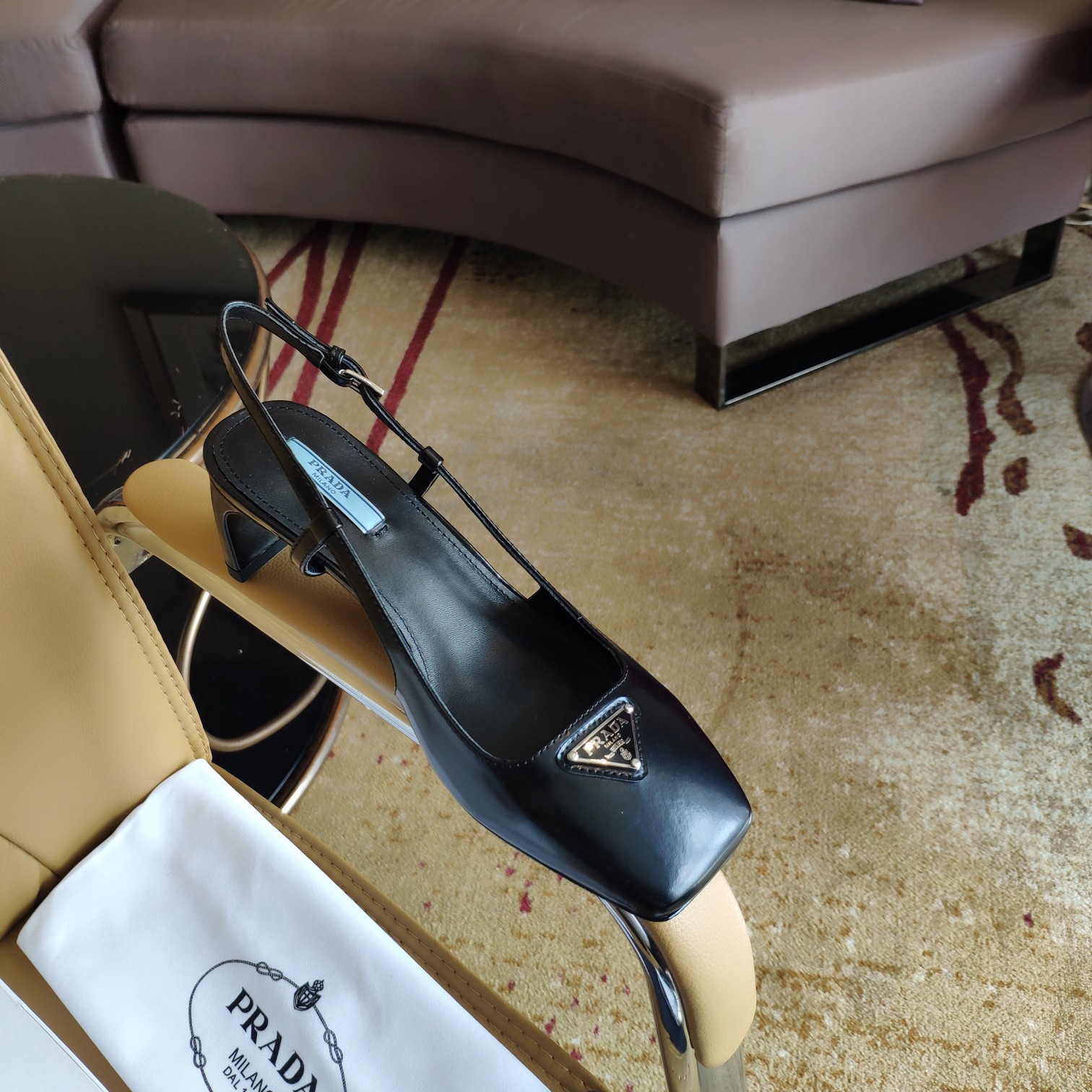 Bagsaaa Pra*a 55 Logo-embellished Leather Slingback Pumps In Black