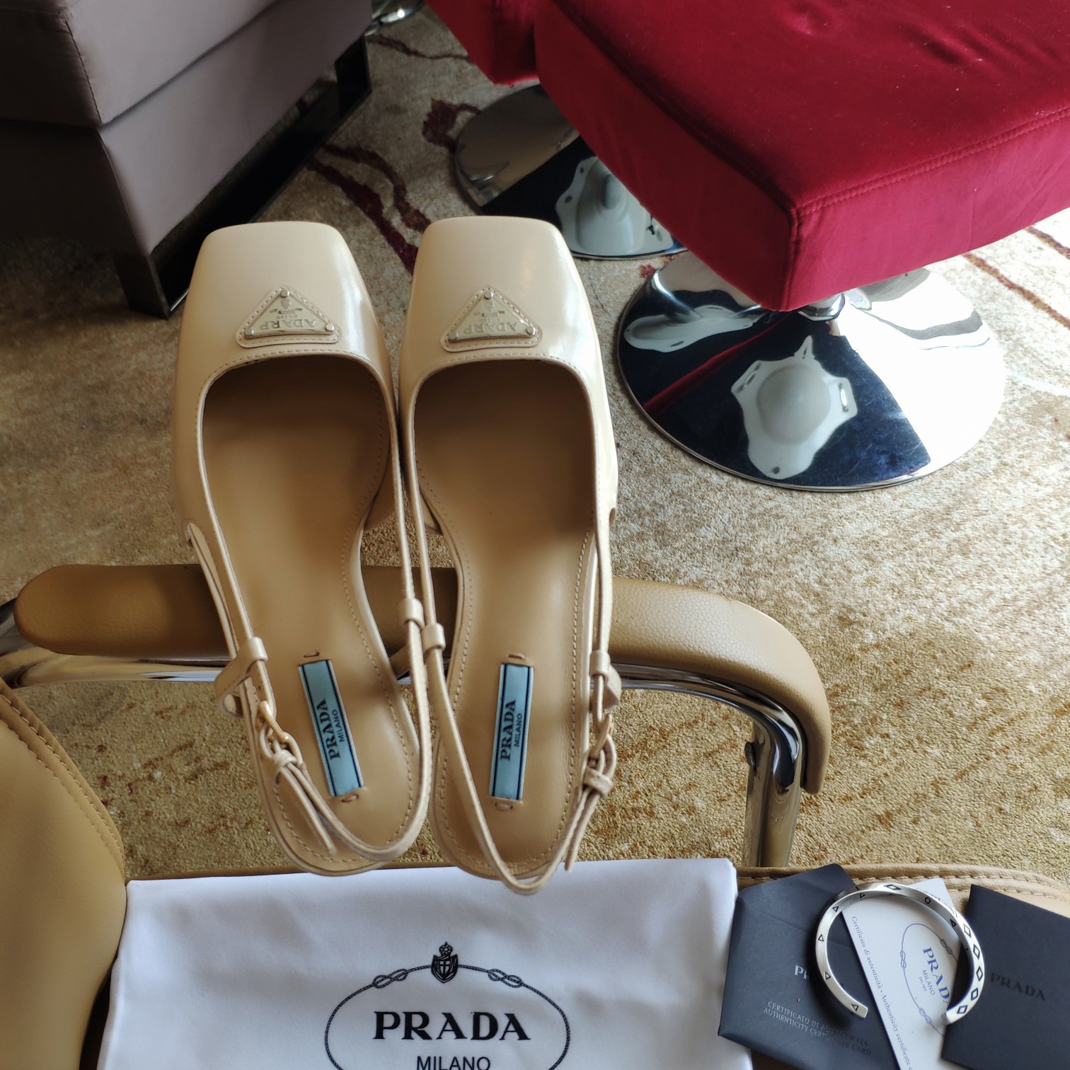 Bagsaaa Pra*a 55 Logo-embellished Leather Slingback Pumps In Beige