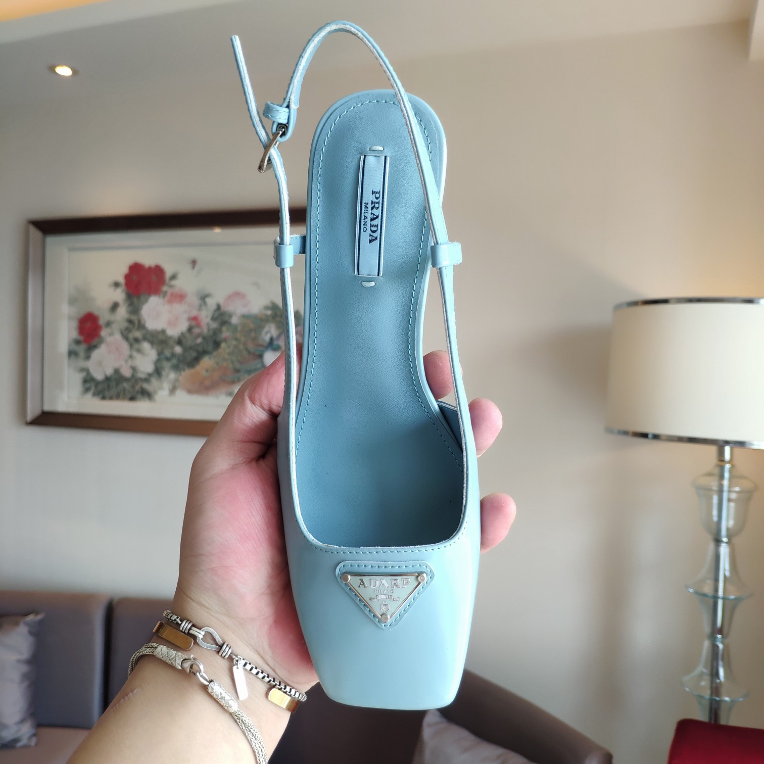 Bagsaaa Pra*a 55 Logo-embellished Leather Slingback Pumps In Blue