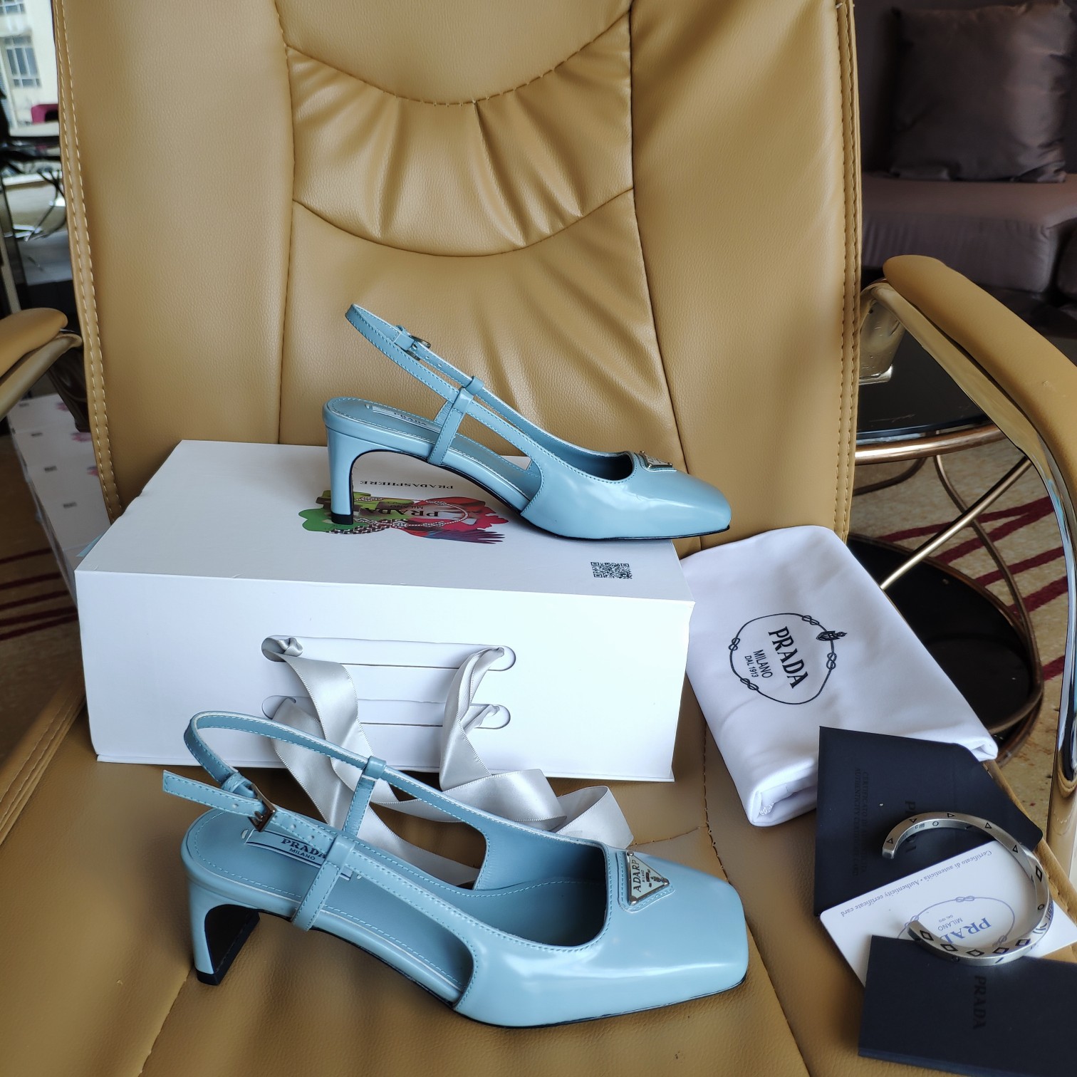Bagsaaa Pra*a 55 Logo-embellished Leather Slingback Pumps In Blue