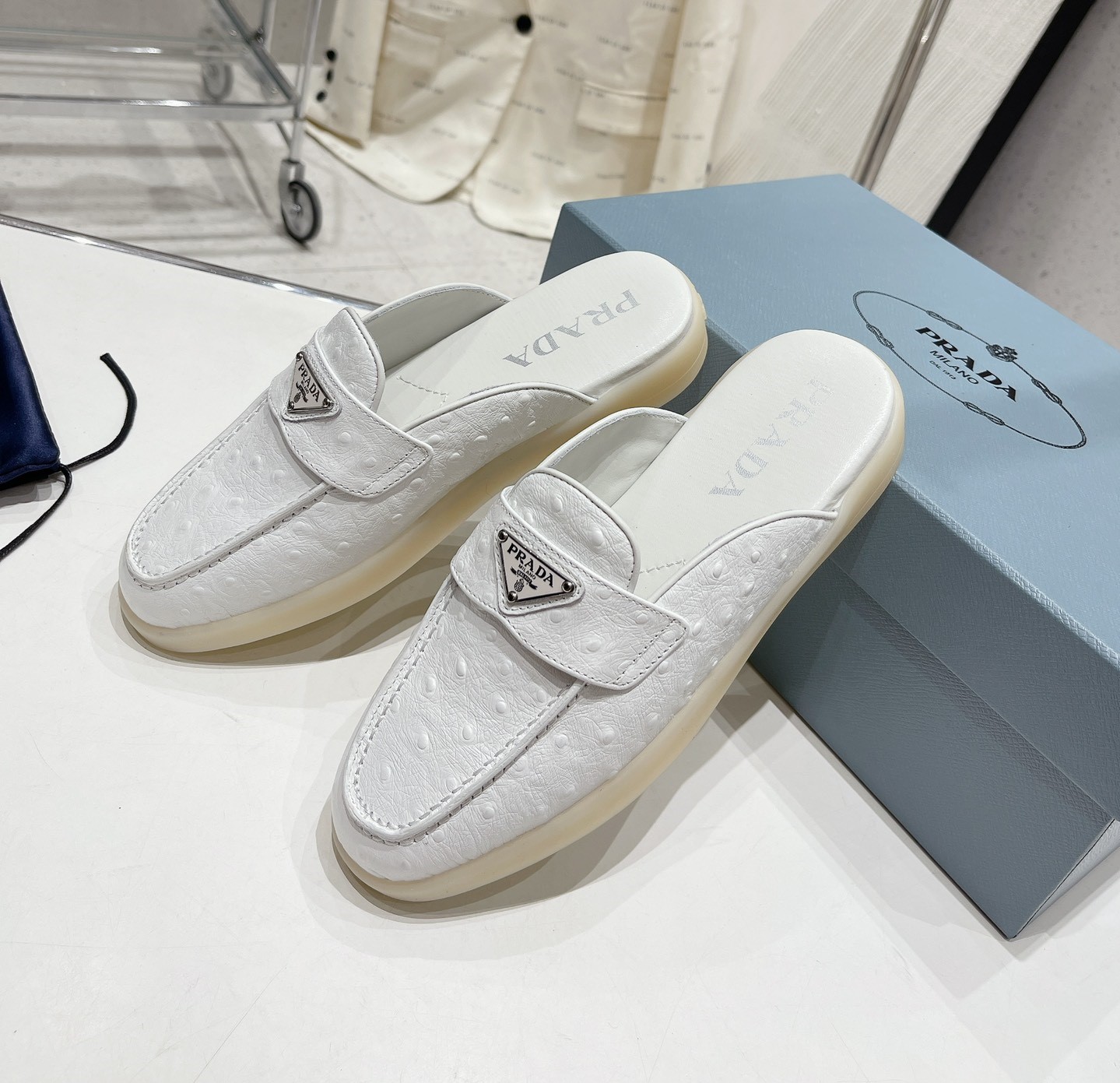 Bagsaaa Pra*a Ostrich Triangle White Mules