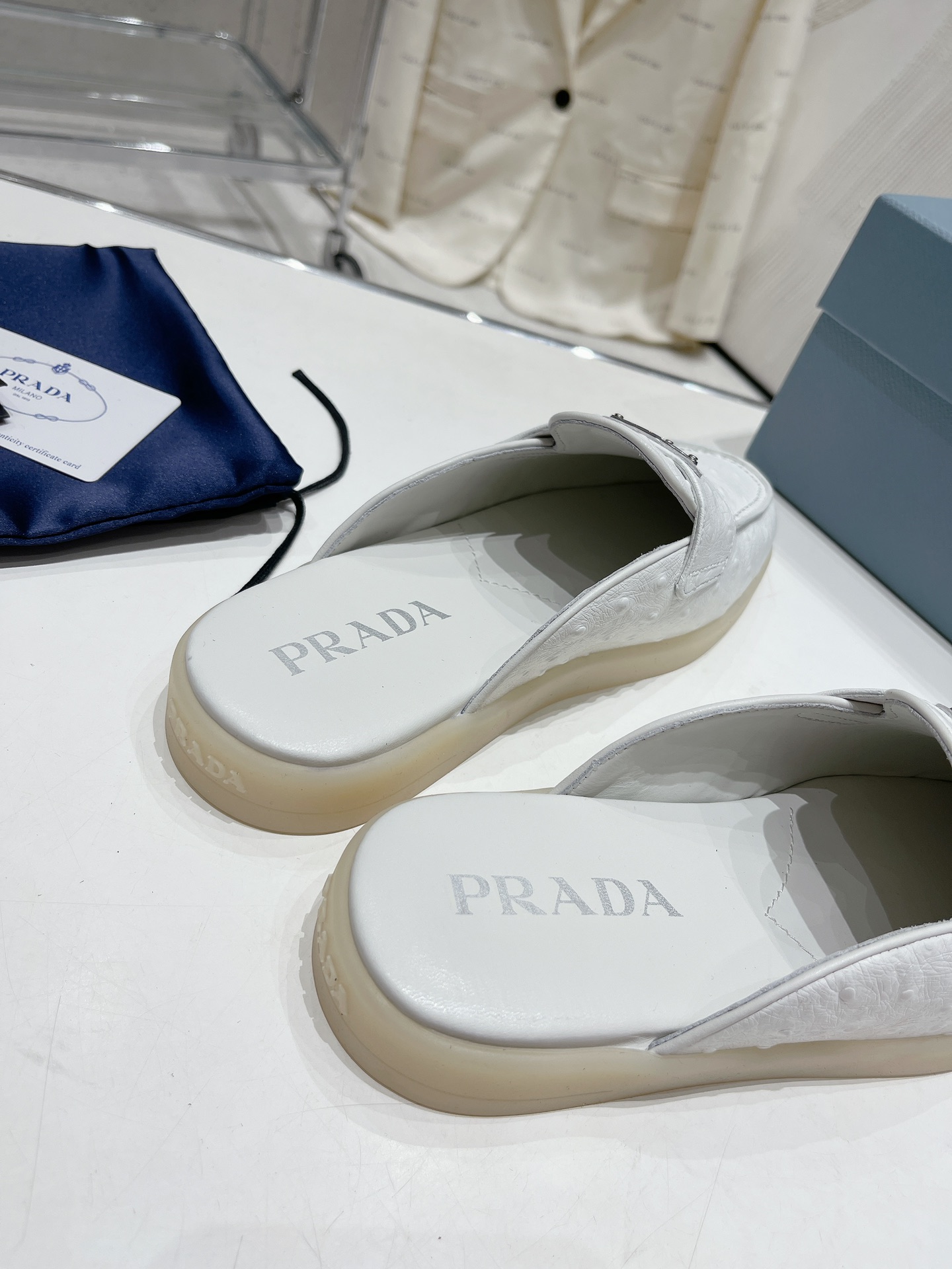 Bagsaaa Pra*a Ostrich Triangle White Mules