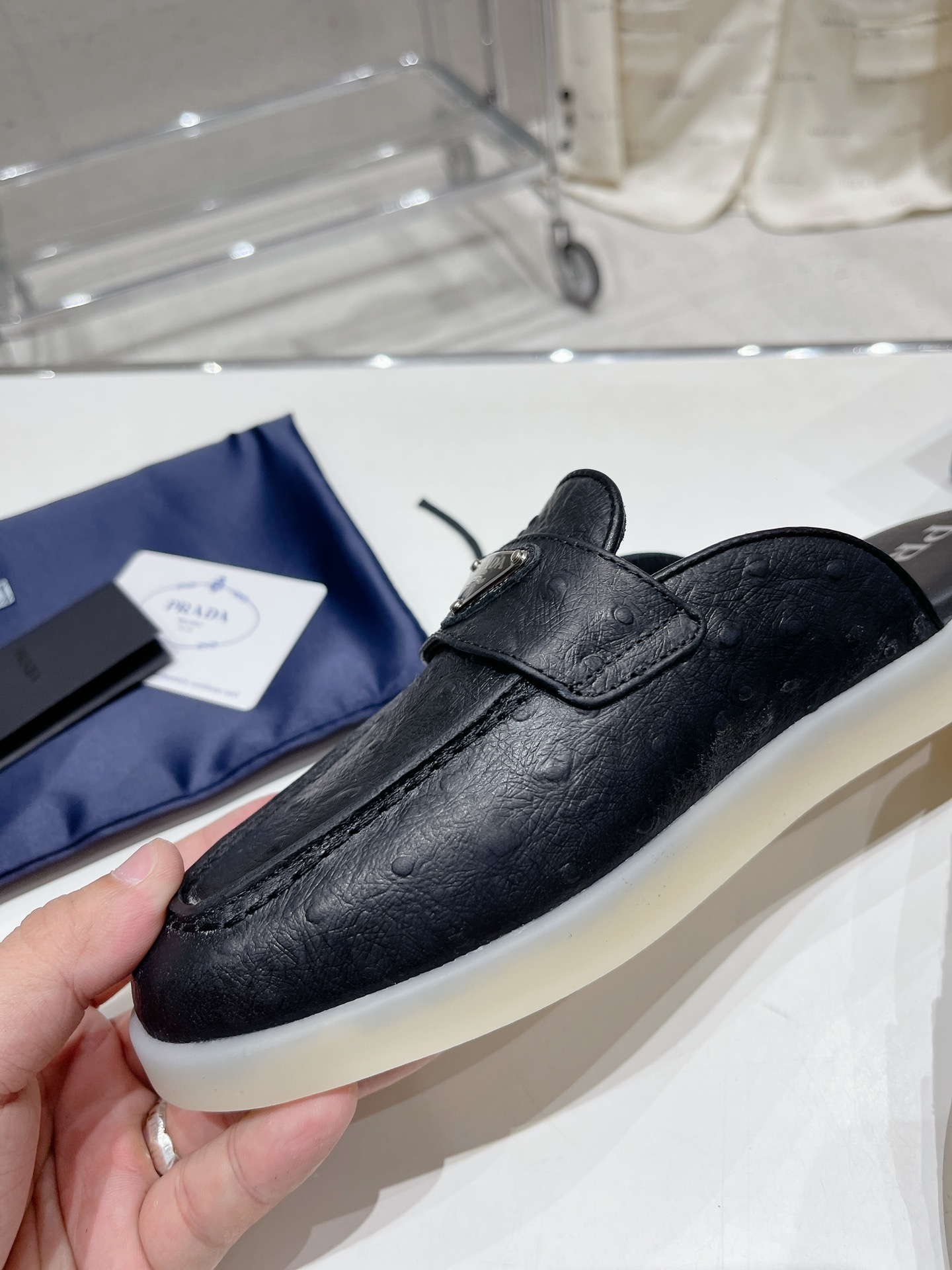 Bagsaaa Pra*a Ostrich Triangle Black Mules