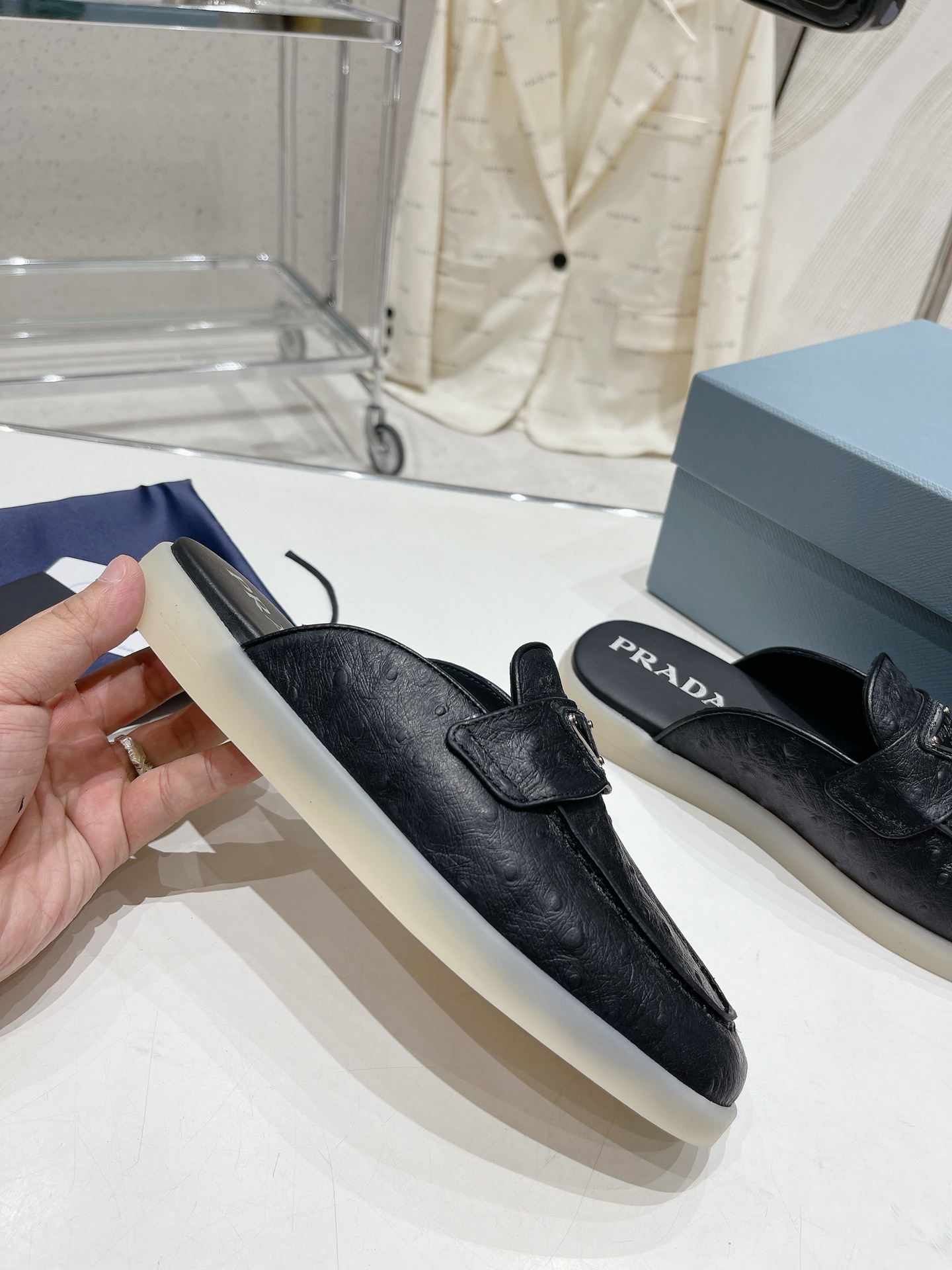 Bagsaaa Pra*a Ostrich Triangle Black Mules