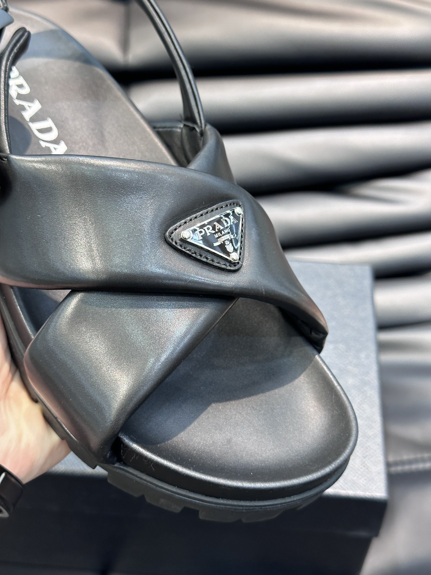 Bagsaaa Pra*a padded leather platform black sandals