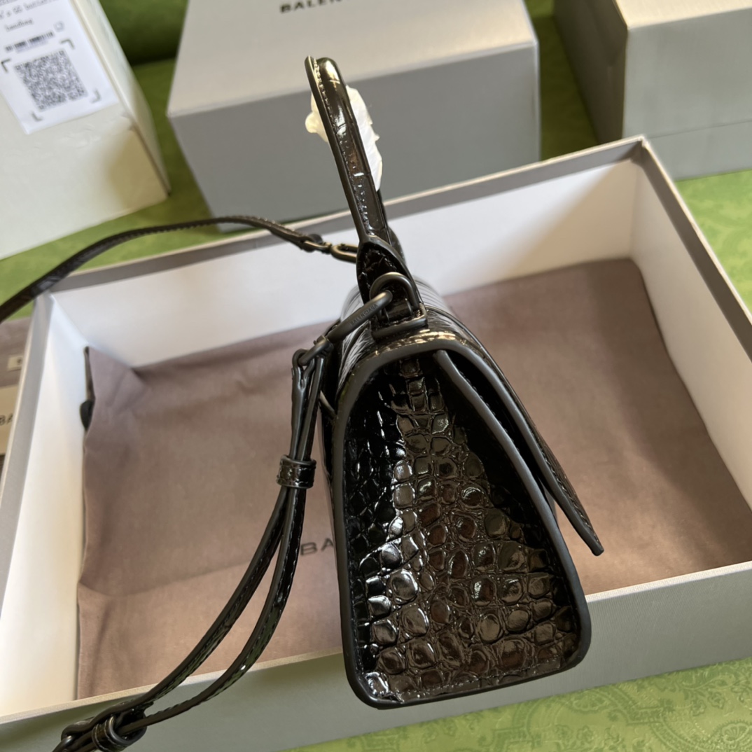 Bagsaaa Ba1en*iaga Hourglass XS Crocodile Embossed Black Hardware - 19*13*8cm