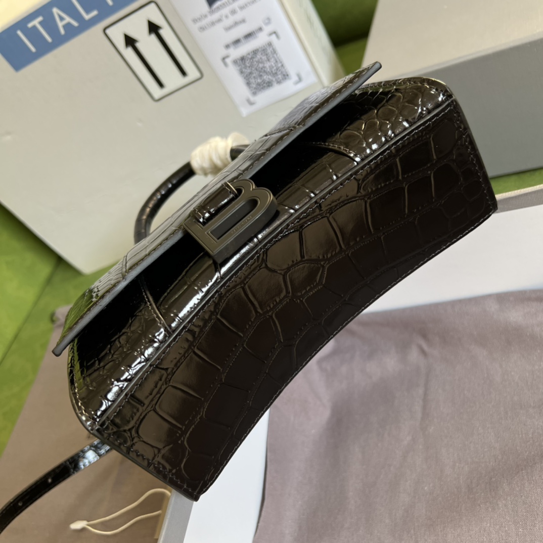 Bagsaaa Ba1en*iaga Hourglass XS Crocodile Embossed Black Hardware - 19*13*8cm